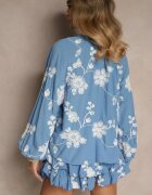 new collection Compleu Albastru din Bumbac Fustă-Pantaloni scurți și Cămașă cu Mâneci Largi Savalene