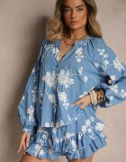 new collection Compleu Albastru din Bumbac Fustă-Pantaloni scurți și Cămașă cu Mâneci Largi Savalene
