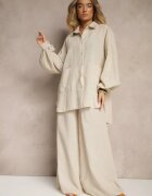 new collection Compleu Bej Cămașă cu mâneci bufante și Pantaloni cu croi larg Stelima