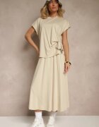 new collection Compleu Bej cu Viscoză Fustă și Bluză Decorată cu Legătură în Talie Davisavina