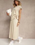 new collection Compleu Bej cu Viscoză Fustă și Bluză Decorată cu Legătură în Talie Davisavina
