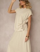 new collection Compleu Bej cu Viscoză Fustă și Bluză Decorată cu Legătură în Talie Davisavina