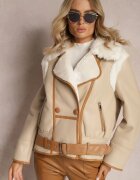 new collection Geacă Moto Bej cu Bordură Decorativă Curea cu Cataramă și Blană Liraeua