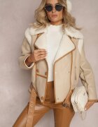 new collection Geacă Moto Bej cu Bordură Decorativă Curea cu Cataramă și Blană Liraeua