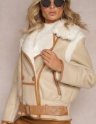 new collection Geacă Moto Bej cu Bordură Decorativă Curea cu Cataramă și Blană Liraeua