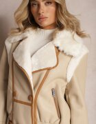 new collection Geacă Moto Bej cu Bordură Decorativă Curea cu Cataramă și Blană Liraeua