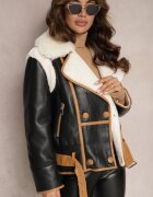 new collection Geacă Neagră Biker cu Bordură Decorativă Curea cu Cataramă și Blană Liraeua