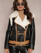 new collection Geacă Neagră Biker cu Bordură Decorativă Curea cu Cataramă și Blană Liraeua