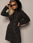 new collection Geacă Neagră cu matlasare clasică și glugă cu blană Aronnis