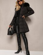 new collection Geacă Neagră cu matlasare clasică și glugă cu blană Aronnis