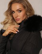 new collection Geacă Neagră cu matlasare clasică și glugă cu blană Aronnis
