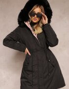 new collection Geacă Neagră Reversibilă cu elastic și Glugă cu Blană Divya