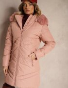 new collection Geacă Roz de iarnă cu cusături matlasate și glugă detașabilă cu blană Jackiala