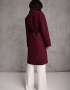 new collection Palton Lung Mov închis Legat în talie Cu o curea din material Cu nasturi decorativi Pe mâneci Thakore