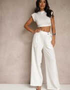 new collection Pantaloni Largi Albi de Costum din Viscoză Decorați cu curea Ellilara