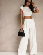 new collection Pantaloni Largi Albi de Costum din Viscoză Decorați cu curea Ellilara