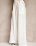 new collection Pantaloni Largi Albi de Costum din Viscoză Decorați cu curea Ellilara