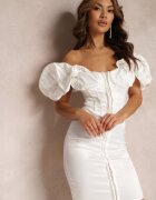 new collection Rochie Ajustată Albă Din satin cu Mânecă bufantă Clarimond