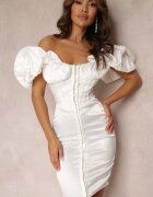 new collection Rochie Ajustată Albă Din satin cu Mânecă bufantă Clarimond