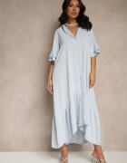 new collection Rochie albastră deschisă tip cămașă cu volane Ransara