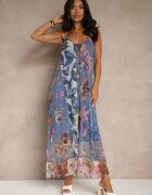 new collection Rochie Albastră Florală Plasată cu Vâscoză Izurelia