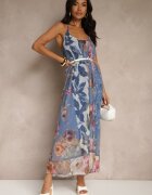 new collection Rochie Albastră Florală Plasată cu Vâscoză Izurelia