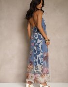 new collection Rochie Albastră Florală Plasată cu Vâscoză Izurelia