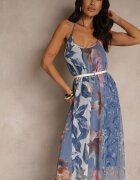 new collection Rochie Albastră Florală Plasată cu Vâscoză Izurelia