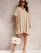 new collection Rochie Bej cu croială liliac cu legătură decorativă la spate Cylean