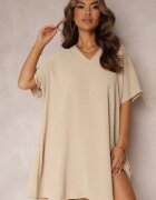 new collection Rochie Bej cu croială liliac cu legătură decorativă la spate Cylean