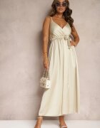 new collection Rochie Bej de seară cu croi evazat cu elastic în talie și șliț Relsea