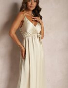 new collection Rochie Bej de seară cu croi evazat cu elastic în talie și șliț Relsea
