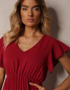 new collection Rochie Bordeaux Cloș cu Pliuri și Decolteu în V Rissari