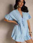new collection Rochie Cloș Albastru deschis din Viscoză cu Mâneci tip Liliac și Volan Nellimi