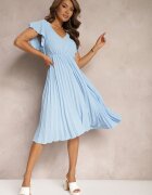 new collection Rochie Evazată Albastru deschis cu Pliuri și Decolteu în V Rissari