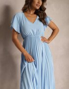 new collection Rochie Evazată Albastru deschis cu Pliuri și Decolteu în V Rissari