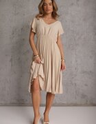 new collection Rochie Evazată Bej cu pliuri și decolteu în V Rissari