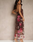 new collection Rochie Maro Florală din Plasă cu Viscoză Izurelia