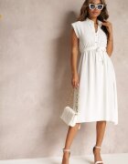new collection Rochie Midi Albă cu nasturi și curea textilă Nylalik
