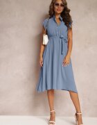new collection Rochie Midi Albastră cu nasturi și centură din material Nylalik