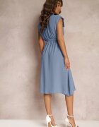 new collection Rochie Midi Albastră cu nasturi și centură din material Nylalik
