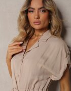 new collection Rochie Midi Bej din Viscoză cu Nasturi și cu Șnur Blamise