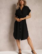 new collection Rochie Neagră Midi din viscoză cu nasturi ajustabilă cu șnur Blamise
