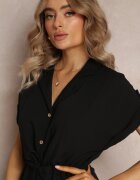 new collection Rochie Neagră Midi din viscoză cu nasturi ajustabilă cu șnur Blamise