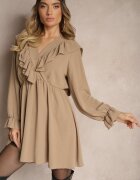 new collection Rochie petrecută bej închisă cu jabot decorată cu volane Melosia