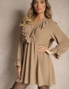 new collection Rochie petrecută bej închisă cu jabot decorată cu volane Melosia