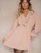 new collection Rochie Roză Petrecută cu Jabou Decorată cu Volănașe Melosia