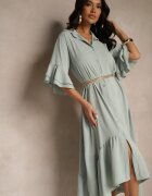 new collection Rochie tip cămașă verde deschis decorată cu volan Ransara