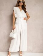 new collection Salopetă plisată albă cu volane și picioare largi Jarina