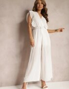 new collection Salopetă plisată albă cu volane și picioare largi Jarina